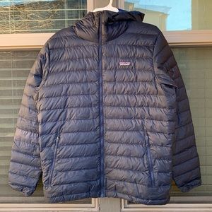 Patagonia Men’s Down Sweater Hoody LARGE puffer jacket zip navy blue flaws